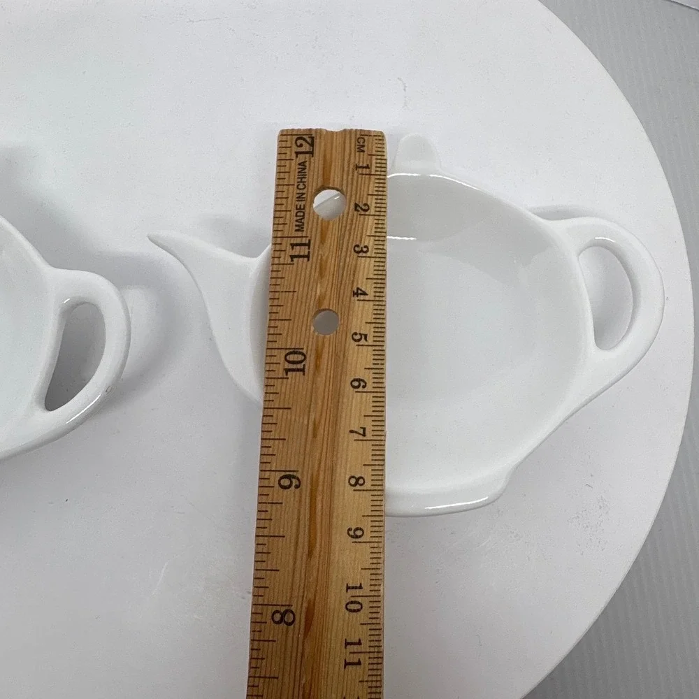 Set of 2 White Ceramic Teapot Shaped Tea Bag Holders Dish‎ Trays Tea Party